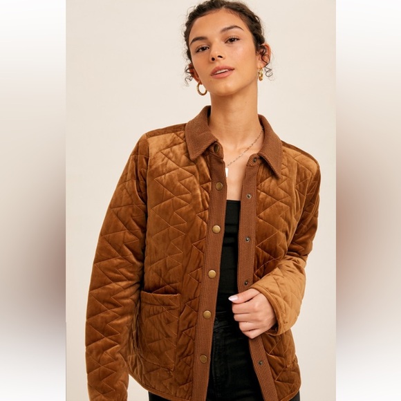 308. Velvet Quilted Cozy Jacket Caramel W/Pockets S, M & L NEW Item NWT - Picture 4 of 5